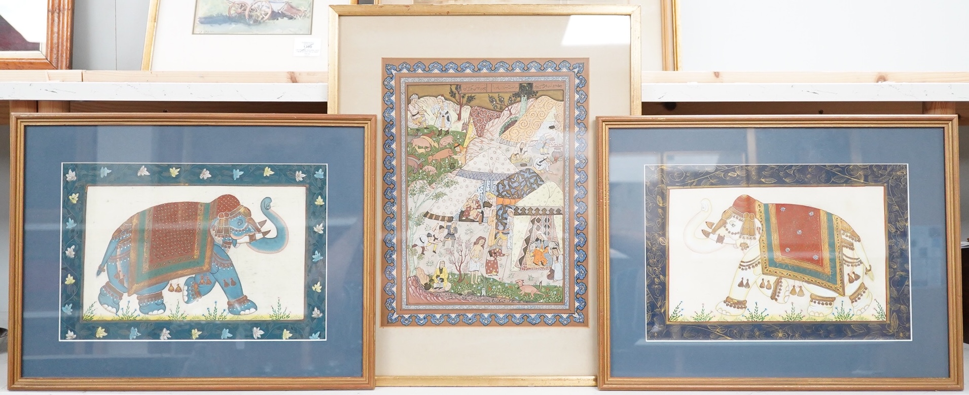 Persian School, Figures and animals before an encampment, gouache together with a pair of Indian School gouaches, Studies of elephants, 22 x 31cm